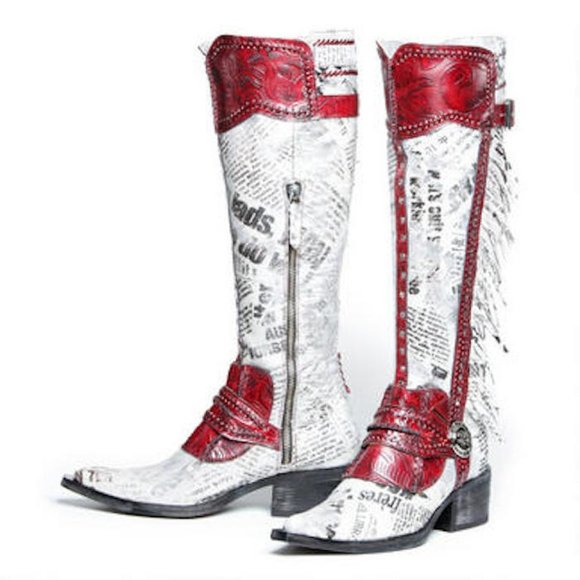 NWOB Donald J Pliner Gitta Calf Hair Newspaper Print Fringe Western Cowboy Boots